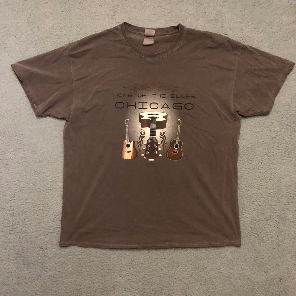 Vtg Chicago Home of the Blues Guitar Graphic T-Shirt Brown XL Faded Distressed